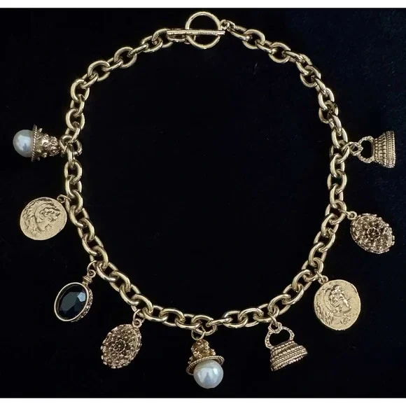 Vintage Victorian Revival Charm Necklace Chunky Rolo Chain Coins Pearls Goldtone - Picture 3 of 10